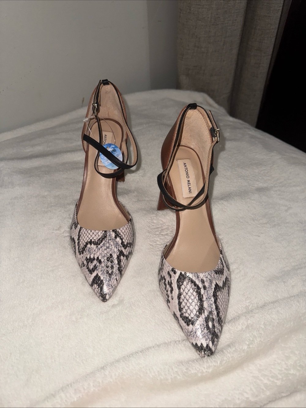 ANTONIO MELANI Snake-Print Pointed Toe Pumps with Brown Ankle Strap 9M